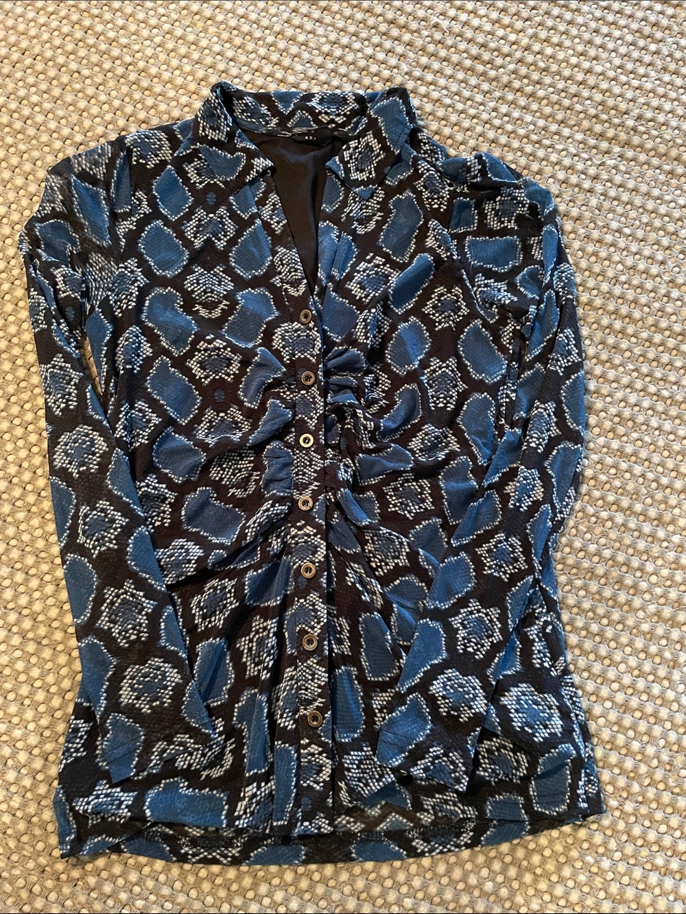 Blue Printed Button-Front Ruched Women's Shirt